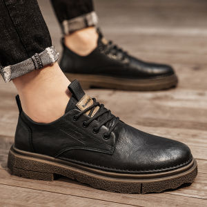 Mens Casual Low-Top Martin Boots Workwear Style Black Leather Shoes Heightening Autumn Winter Fashion Trend British Style