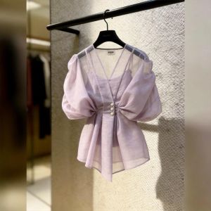 KUNAILIN | Elegant Purple Puff Sleeves V-Neck Waist-Fitted Shirt For Women