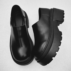 Height Increasing 7cm Big Head Derby Shoes Mens British Genuine Leather Platform Loafers Japanese Style One Pedal round Toe Leather Shoes