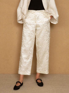 Chic New Chinese Style Nine-Tenths Western Pants Pale Blue Dot Fashionable Champagne Pressed Flower Fold Design Casual Pants