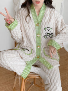 Bộ Đồ Ngủ Bằng Vải Nhung Coral Dày Dặn Mùa Đông Cho Bà Bầu Cho Con Bú Quần Dài Thoải Mái Váy Ngắn Cổ Chữ V