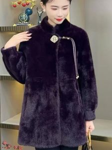 Fashionable Young Mom Winter Coat Thickened Mink Imitation Luxury Ladies Coat Mid-Length Korean Style Long Sleeve Three Buttons