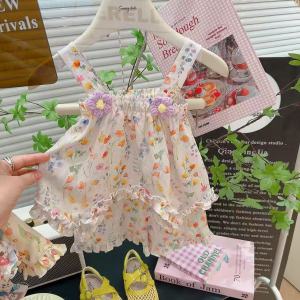 Summer Sweet Girls Half Slip Dress with Floral and Ruffled Edges Set