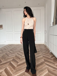 High-Waist Slimming Straight Leg Pants for Women Cat Environment Brand Black Bone Strap Waist Head Design Casual Style