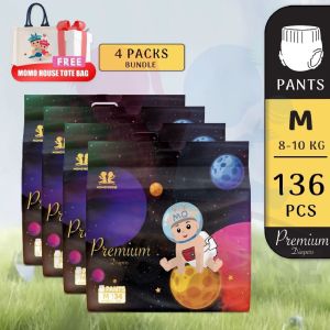 4 Packs MOMO HOUSE Diapers Premium Diapers Lampin Baby Diapers Pants Premium Diaper M(136) / L(128) / XL(120) / XXL(112)