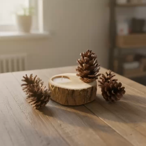 Đế Nến Gỗ Tự Nhiên Kèm Quả Thông Trang Trí Noel – Decor Giáng Sinh Vintage Ấm Áp (Tặng Kèm 3 Nến Tealight)