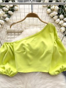 Chic Sweet Holiday Shirt Womens Shoulder Bared Bubble Sleeve Short French Style Top Trendy Commute Loose Fit Regular Sleeve