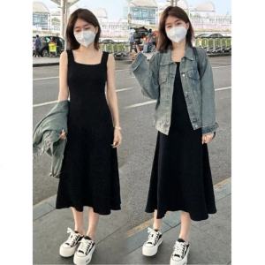 2025 New Knitted Strap Dress Womens One-Shoulder Slimming Waist Mid-Length Inner-Wear Long Dress Korean Style High Waist A-Line Skirt