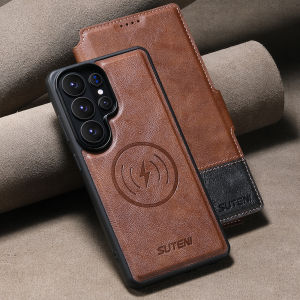SUTENI Faux Leather Wireless Charging Card Holder Stand Wallet Magnetic Flip Cover Phone Case For Samsung S26 Ultra S25 S24 S23