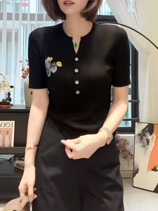 Black Knitted Ice Silk T-Shirt Summer New Style Elegant Casual Large Size Short Sleeve Top for All Body Types Korean Style