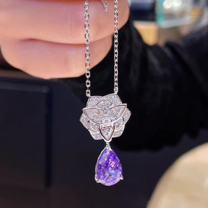 Youngver Luxury Rose Flower Necklace Fashionable Waterdrop Tea Flower Pendant Alloy Pear Shape Purple Diamond Original Design for Women