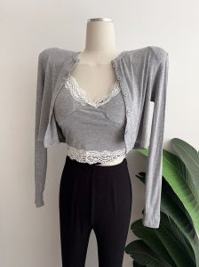 Pure Desire Lace Strap Vest with Chest Pad + Sun Protection Shoulder Pad Open Cardigan Set Womens Fashion 2023 Cotton Top