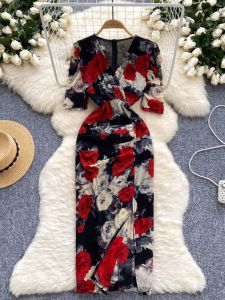 Váy Dài Chữ a Chữ V Tay Ngắn in Họa Tiết Lưới Ôm Sát Cơ Thể Cao Cấp Cho Nữ Mùa Xuân Hè Váy Công Sở