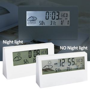 เครื่องวัดอุณหภูมิแบบมัลติฟังก์ชั่นเทอร์โมไฮโกรมิเตอร์พร้อมไฟ LED ตัววัดอุณหภูมิความชื้นนาฬิกาตั้งโต๊ะดิจิทัลนาฬิกาปลุกอิเล็กทรอนิกส์สำหรับบ้าน