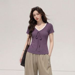 AIYITI | Lace Purple V-Neck Short Sleeve T-Shirt