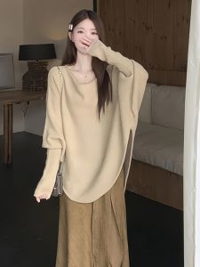 BINKAFENNY | French Style Batwing Sleeve Knitwear Womens Soft Cozy Autumn Top Irregular Collar Design Versatile Lazy Style Fashionable Sweater