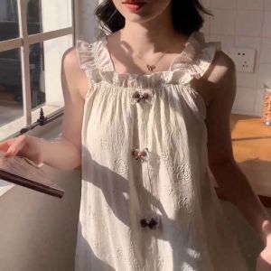 Summer Nightdress with Built-in Bra Pads Sweet Mid-Length Dress Summer Wearable Outside Nightdress and Homewear