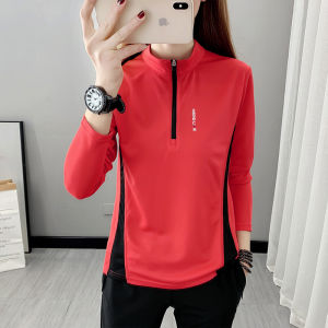 Quick Drying Clothes Womens Long-Sleeved Spring Running Outdoors Sports Top Stand Collar Hiking T-shirt Sweat-Absorbent Loose Quick-Dry T-shirt