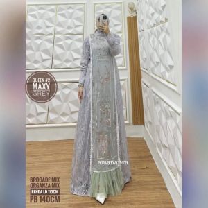 Queen Maxy Dress Gamis Muslim Wanita Syari Baju Pesta Lebaran Mewah Brocade Mix Organza