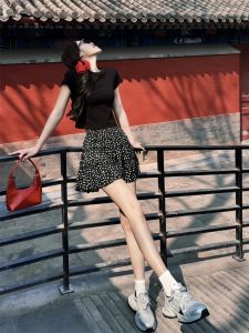 High Waist Floral Print Mini Skirt Korean Style A-Line Short Skirt Lengthened Design for Tall Women Spring Autumn New Arrival Black Cake Skirt