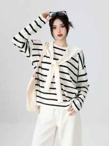 Ladies Loose Knitted Sweater Striped Patchwork Lazy Style Womens Fashion Shoulder Design Autumn Inner Wear Base Shirt Top
