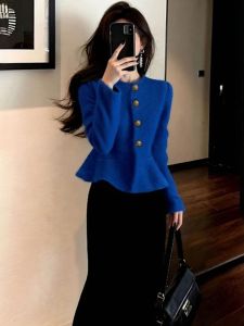 SHANGSHA | Luxurious Style Knitted Blue Dress Set