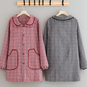 Long Sleeve Cotton Apron with Buttons Kitchen Workwear Oil Resistant Breathable Adult Cotton Cloth Gown for Women Home Use