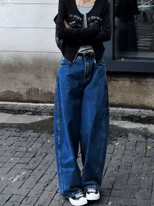 กางเกงยีนส์ทรงหลวมเอวสูงปักลายสไตล์ย้อนยุคสำหรับผู้หญิง กางเกงขายาวทรงหลวมสีน้ำเงินเข้มฤดูใบไม้ร่วงปี 2025 ทรงหลวมสบายๆ