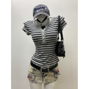 Hia Original Grey Stripe Short Sleeve T-Shirt Women Summer Lace Patchwork Design Shoulder Baring Top Korean Style Straight Cut