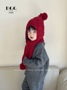 Korean Style Childrens Knitted Hat Scarf Set Fleece Lined Warm Girls Winter Ear Protection Hat Yarn Cap Bean Curd Drum