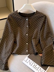 Elegant Polka Dot round Neck Long Sleeve Shirt Jacket Womens 2025 New Early Autumn Loose Short Style Top Korean Commute Style Cotton Blend