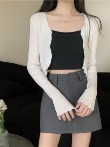 Korean Style Pure Desire Wood Grain Edge Knitted Cardigan Womens Spring Autumn Short Design Sense Niche Top Coat Ins