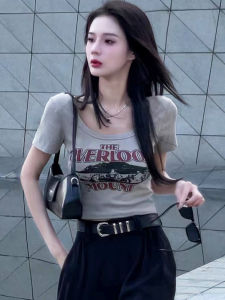 Slim Fit Short Sleeve U-Neck T-Shirt Womens Fashion Korean Style Commute Print Summer Unique Beautiful Short Top