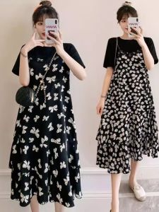 Summer Thin Floral Long Dress Womens Loose plus Size Conceal Belly Fake Two-Piece Dress Commute Style Short Sleeve round Neck