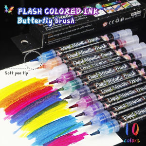 10 Colors Butterfly Brush Acrylic Markers Glitter Paint Pens Sparkly and Shiny for Rock Ceramic Glass Wood Fabric Scrapbooking