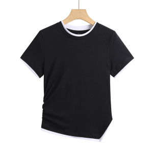 Short Sleeve round Neck T-Shirt Womens Slim Fit Casual Style Spring Summer Fashion Cotton Blend Elastic Fiber Top