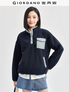 Giordano Womens Fleece Lined Teddy Coat Half Open Chest Zipper Hoodie Stand Collar Warmth Pockets Long Sleeve Winter Jacket