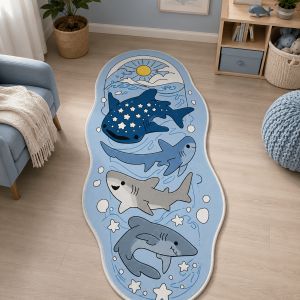 VIKAMA Cute Whale Shark Shark Family Irregular Area Rug Sun Wave Print Washable Water Absorbent Boys Home Decor Carpet