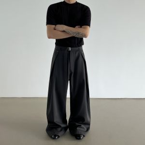 Mens Wide Leg Casual Pants Pleated Design American Retro Straight Leg Drapey Loose Fit Comfortable Style Polyester Fiber