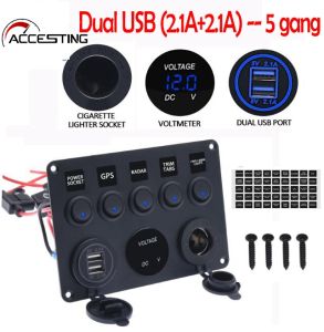 ⚡4 Gang/5 Gang 4.2A LED Rocker Switch Panel with Digital Voltmeter Dual USB Port 12V Waterproof Switch Combination Outlet for Marine Boat Car