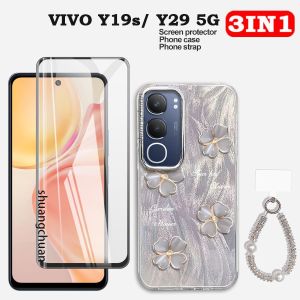 For VIVO Y19s case Y19s 4G tempered glass Y29 5G Feathered case Four-leaf clover painted protective case Full-screen tempered glass Pearl + rhinestone lanyard