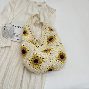 Vacation Inspired Hollow out Knit Straw Tote Bag Retro Style Summer New Cotton Bucket Shape Shoulder Bag for Casual Use