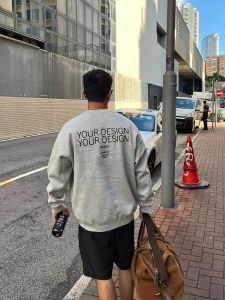 Oxford Grey ผ้าฝ้าย เสื้อสเว็ตเชิ้ต พร้อมตัวอักษรคัดแยกปักสําหรับผู้ชายแขนยาวคอกลมเฮฟวี่เวท ฤดูใบไม้ร่วง ฤดูหนาว สตรีทแวร์