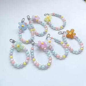 Phone Straps Chain INS Handmade Colorful Crystal Bead Mobile Phone Chain for Women Wrist Strap Keychain Cute Flower Mobile Phone Strap Lanyard Phone Wrist Strap Anti-Lost Telephone Lanyard Friends Gift