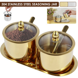 1/2Pcs Stainless Steel Sugar Bowl Set with Glass Lid and Spoon Rustproof Seasoning Box Round Condiment Pots Polished Shiny Sugar