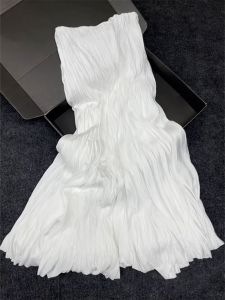 Unique Pear Shaped Body Flattering Commute White Pleated Half Skirt Womens High Waist Style Pure Color Polyester Blend Fabric