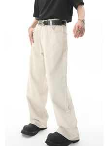 Cleanfit White Straight Leg Jeans Mens Casual Loose American High Street Wide Leg Basic Pure Color Long Pants