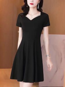 Hebe Style Short Sleeve V-Neck Black Professional Dress Women Summer Slimming A-Line Dress Korean Version Commute Polyester Fiber