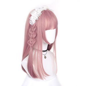 Natural Daily Long Hair Lolita Wig for Women Sweet Cute Pink Synthetic Hair Full Coverage Hairpiece Easy to Manage Face Shaping