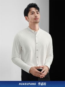 High-End Chinese Style Long Sleeve Shirt Mens Slim Fit round Neck Striped Casual Smooth Elasticity Business Casual Shirt